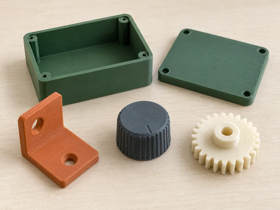 Illustration of 3D-printed hobby parts: an electronics enclosure and lid, mounting bracket, replacement knob, and prototype gear.